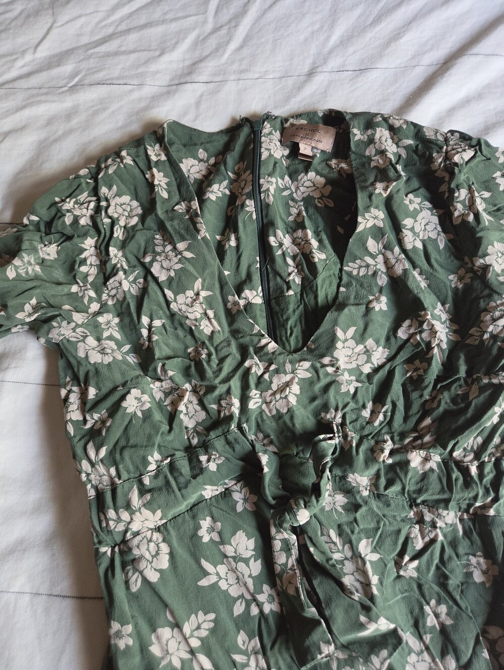 Anthropologie Floral V-Neck Green Dress with Drawstring Waist